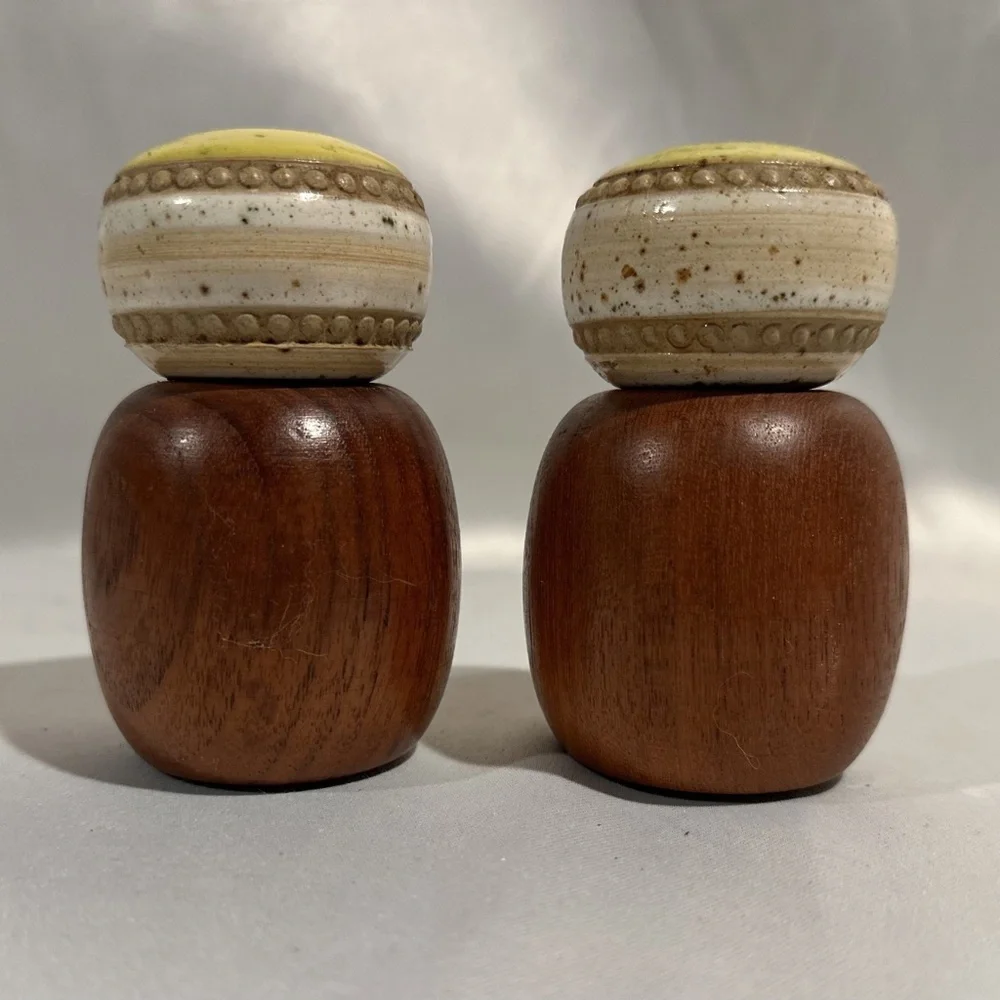 Mid-Century Teak Salt Pepper Shakers with Yellow Ceramic Tops